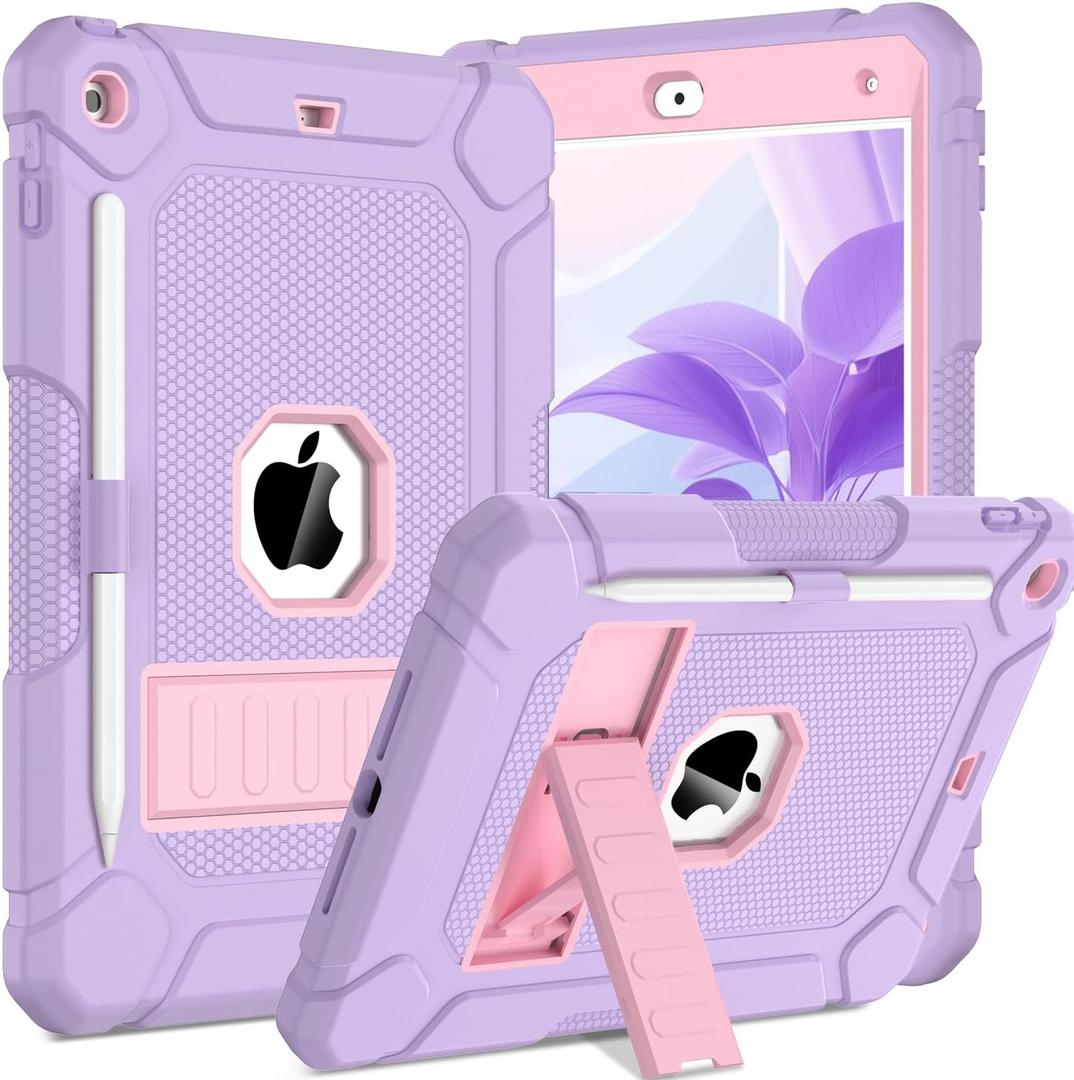 BMOUO Case for iPad 9th 8th 7th Generation (10.2 inch, 2021/ 2020/ 2019), Shockproof Protective iPad 10.2 Case with Built-in Stand/ Pencil Holder, Light Purple