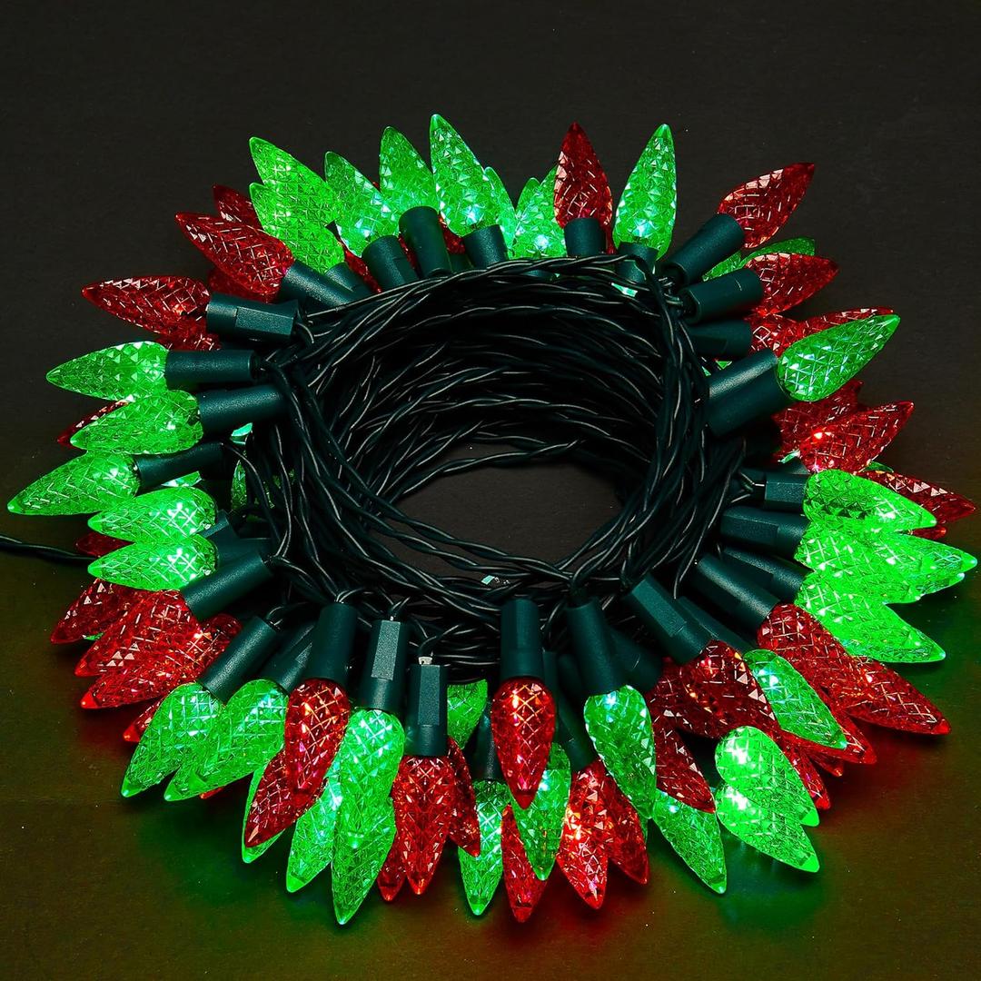 WBao Battery Operated Christmas Lights 60 LED 20ft, C6 Christmas String Lights with 8 Modes, Timer, Waterproof Design for Indoor Outdoor Trees, Wreaths, Fence, Stairs Xmas Decorations, Red Green
