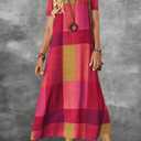 Women's Vintage Geometric Print Maxi Dress Color Block Plaid Design Crew Neck Short Sleeve Loose Fit Long Dresses