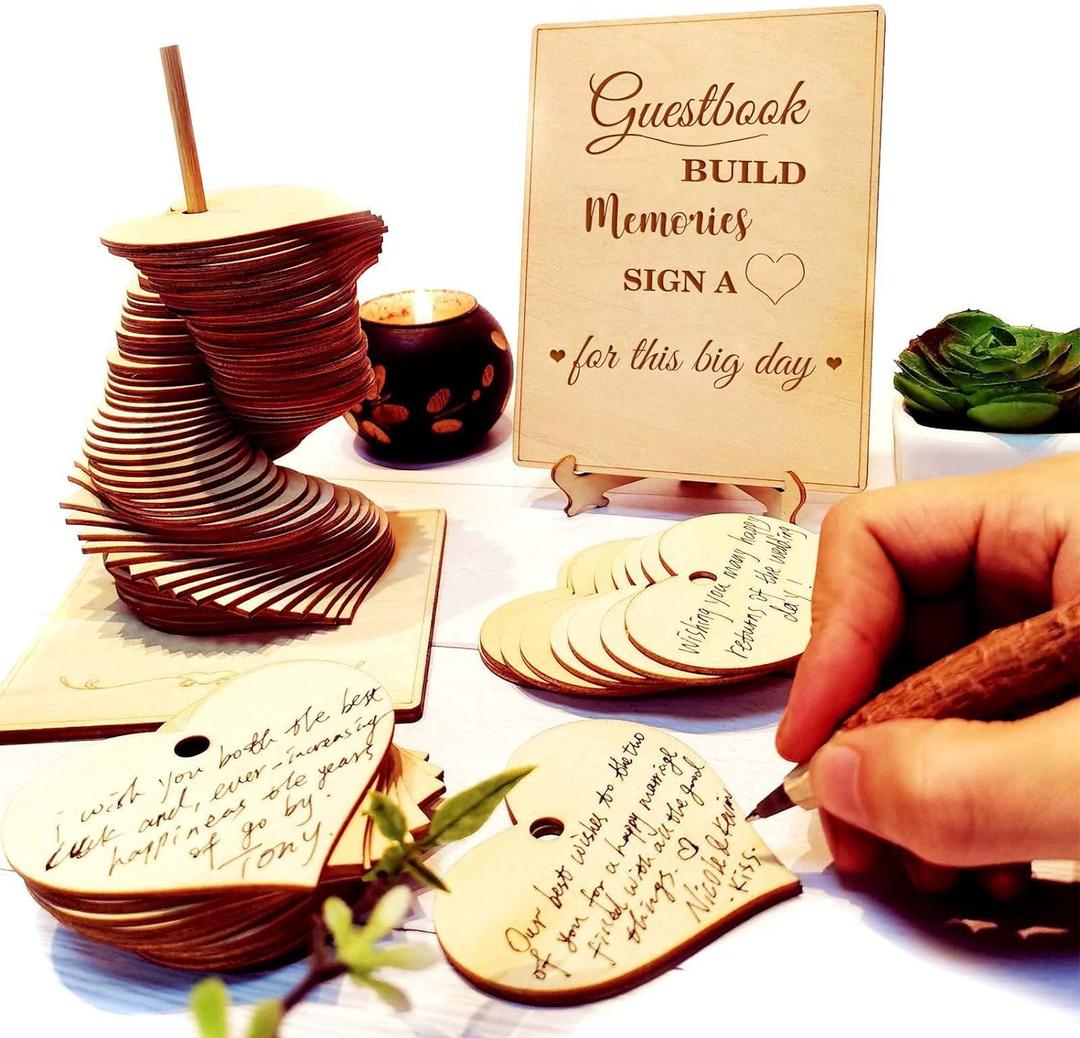 Wedding Guest Book Alternative Sign 72 Wood Hearts Guest Book Wedding Reception, Wedding Decorations Baby Shower 1st Birthday Party Decoration Baptism Rustic (Heart)