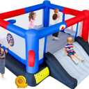 WELLFUNTIME Inflatable Bounce House & Bouncy Castle with Blower, 7 in 1 Jumping Castle, 160x138x60 Inch for 4 Kids, Slide, Ball Pit, 2 Basketball Hoops, Ringtoss & Dartboard