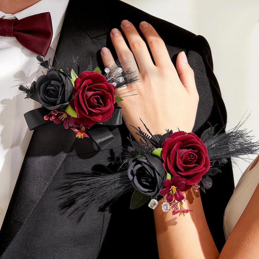 Rose Burgundy Corsage and Boutonniere Set for Wedding Prom(Set of 2),Artificial Flower Wrist Corsage Bracelets for Women Homecoming,Boutonniere for Men Suit Decorations Party Anniversary (Red&black)