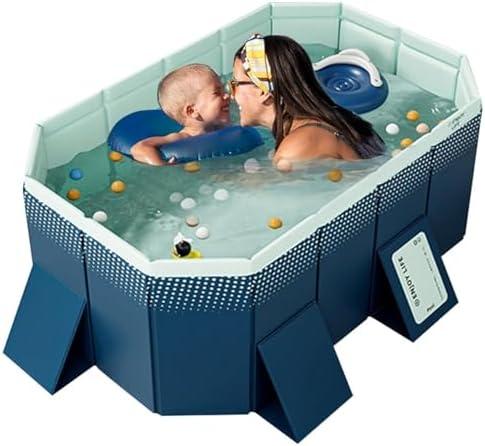 6FT Foldable Kids Pool with Wood-Reinforced - Non-Inflatable Hard Plastic Rectangular Swimming Pool for Children, Adults, Dogs, Indoor/Outdoor Water Play & Baby Ball Pit (72"x55"x19")