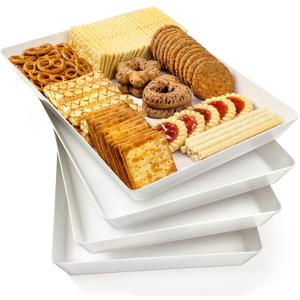4-Pack Plastic 16" x 11" Large White Serving Trays Set - Reusable Serving Platters for Cookie, Appetizer, Charcuterie, Snack, Dessert, Party Food Display - Stackable Kitchen CounterTop Tray, BPA Free