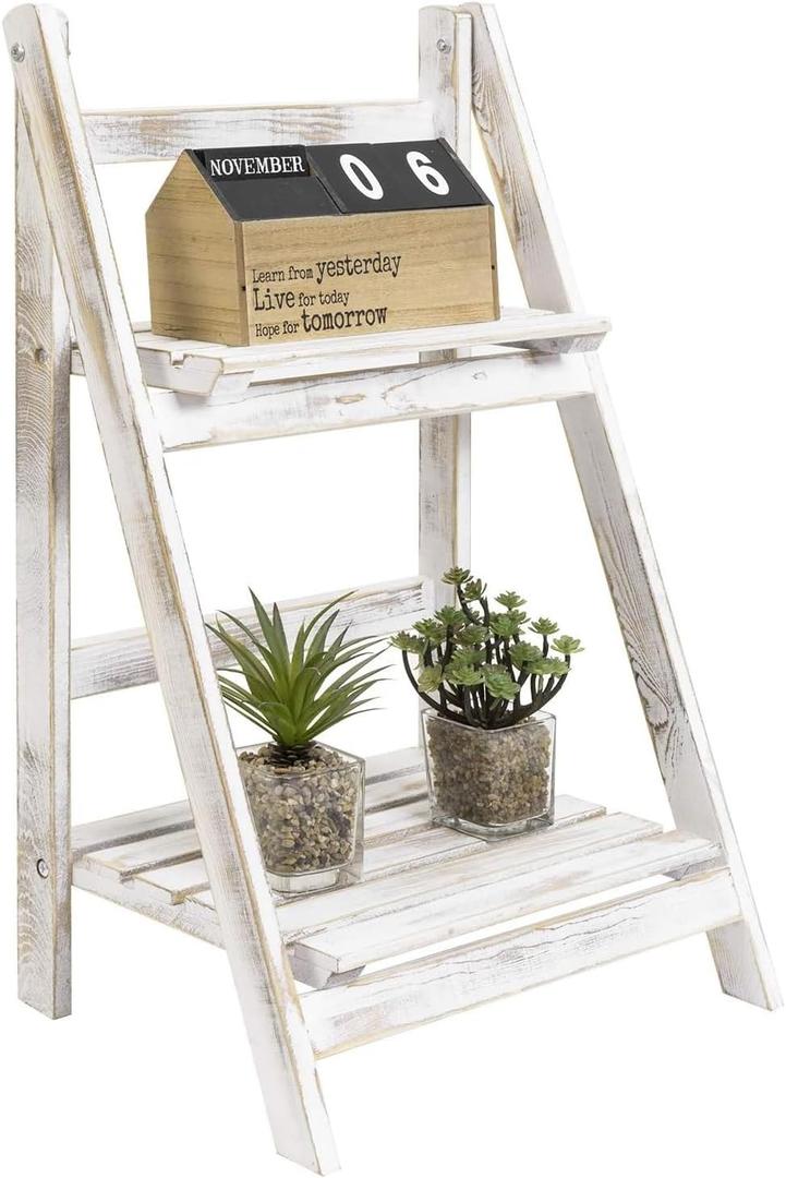 MyGift 2 Tier Whitewashed Wood Plant Stand, Foldable Display Shelf, Medium