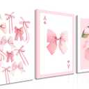 Trendy Pink Bows Canvas Wall Art Set of 3, Vintage Preppy Cherry Posters Prints, Pink Girly Room Aesthetic Wall Decor Painting for College Apartment Living Room Bedroom 12x16 In Framed