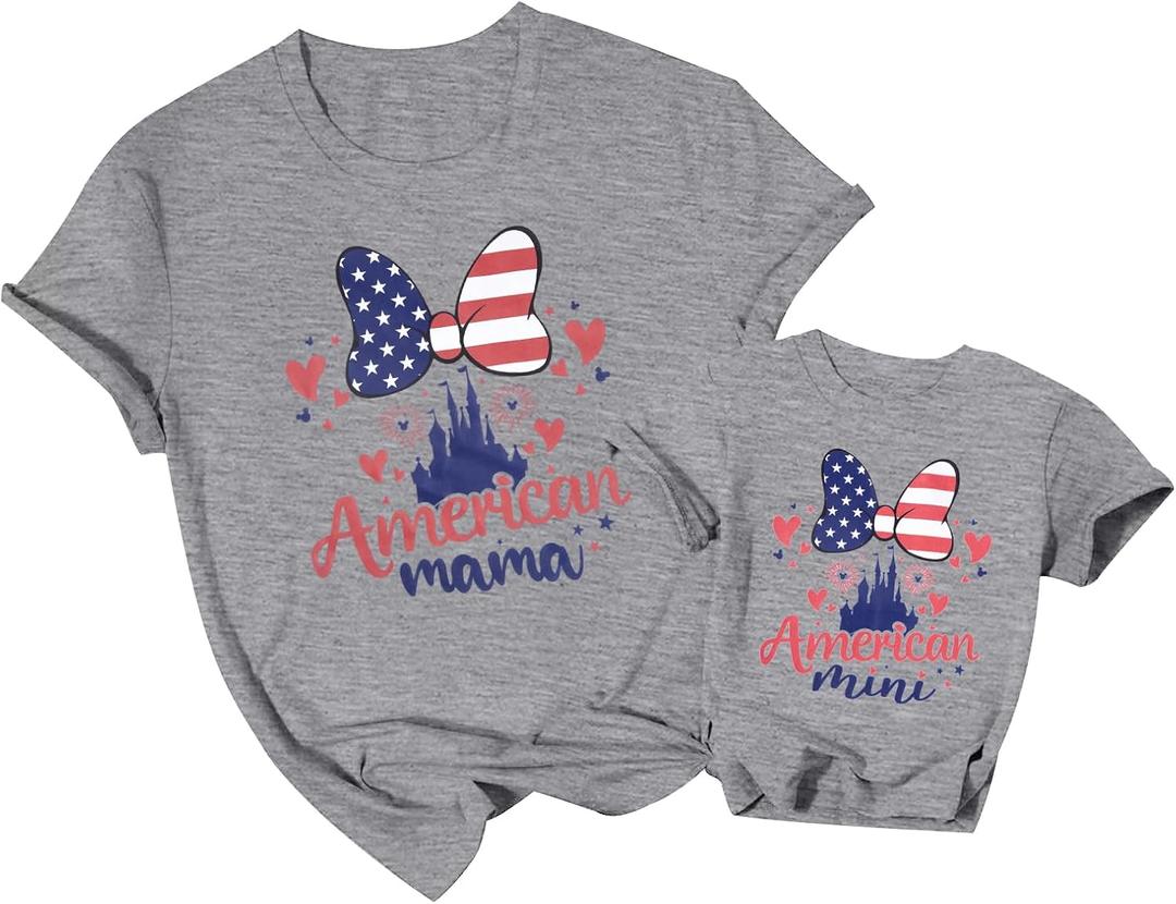 SUPEY Magical Family Vacation Shirts Americian Mommy and Me Flag Shirt 4th of July Baby Girl Outfit USA Short Sleeve Shirts (Grey)