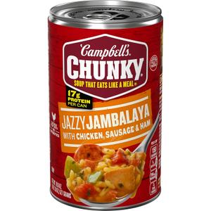 Campbells Chunky Soup, Jazzy Jambalaya with Chicken, Sausage and Ham Soup, 18.6 Oz Can BB 4/3/27 Campbells Chunky Soup, Jazzy Jambalaya with Chicken, Sausage and Ham Soup, 18.6 Oz Can BB 4/3/27