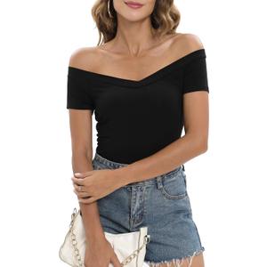 Sarin Mathews Womens Shirts Off The Shoulder Tops Sexy V Neck Slim Fit Shirts Tops Blouses (Black, S)