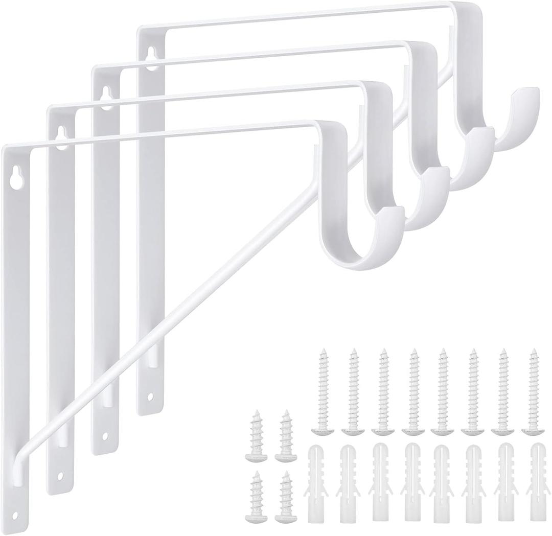 4 Pack Heavy Duty Closet Rod Brackets Holder 11 x 11 x 1 Inch White Closet Rod Support Bracket Black Steel Closet Rod Holders for Hanging Clothes Rod Support Brackets (White - 4Pack)