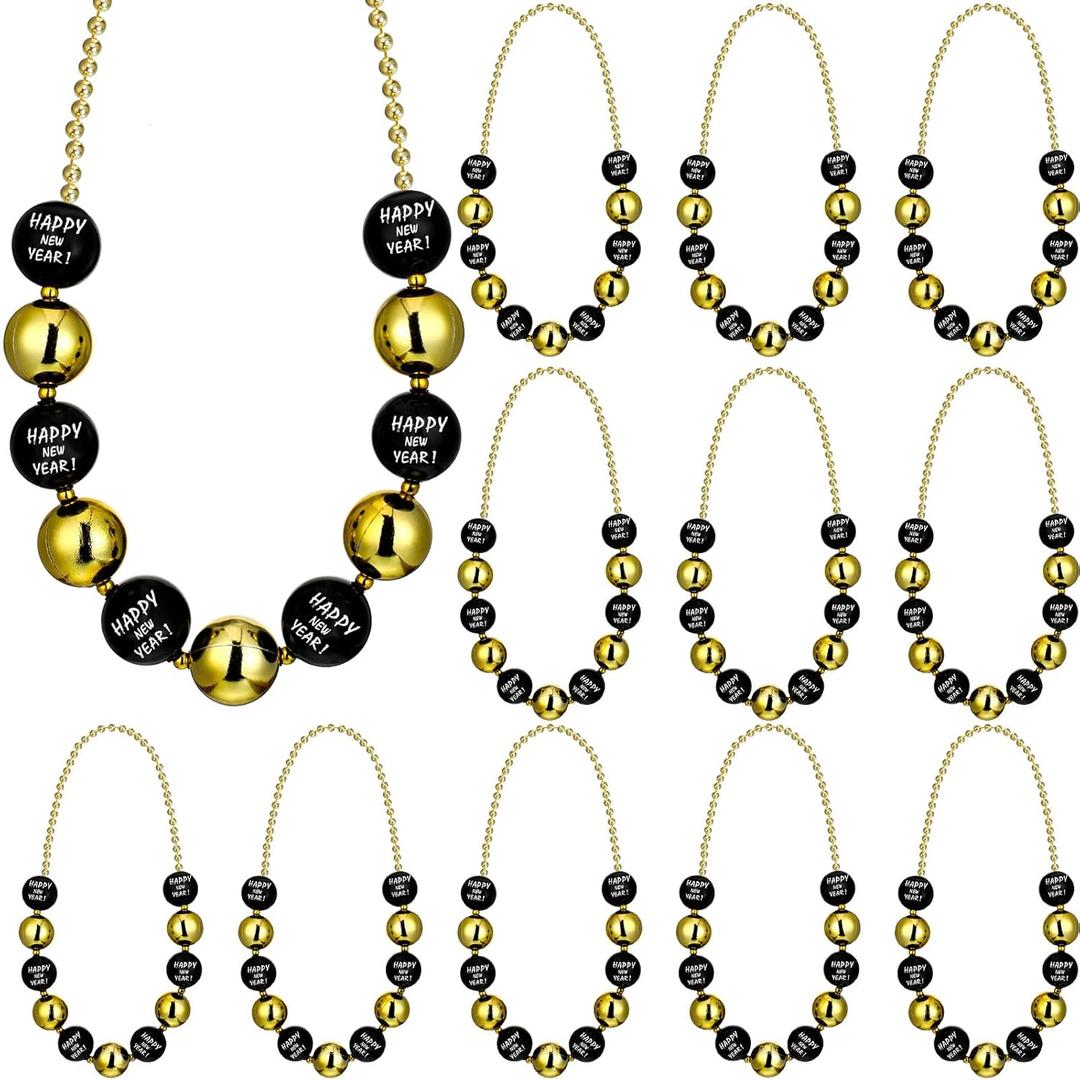 Lyrow 12 Pcs Happy New Year Jumbo Ball Necklace Bulk 2026 Black Gold New Year Eve Bead Necklace Party Accessories Assorted Holiday Beaded Costume for Party Favors