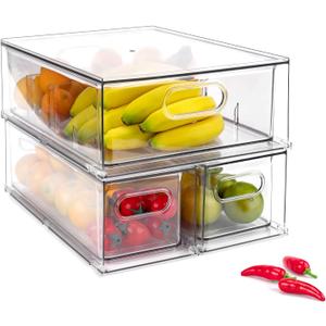 3 Pack Refrigerator Organizer Bins with Pull-out Drawer, Stackable Fridge Drawer Organizer Set with Handle, Clear Plastic Food Storage Containers for Freezer, Cabinet, Kitchen, Pantry