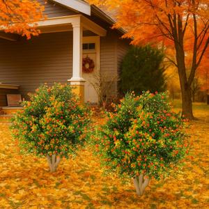 Giegxin 2 Pack 23.6'' Artificial Boxwood Topiary Ball Tree with Orange Fruit, Outdoor Faux Shrubs with Ground Spike No Maintenance Fake Bushes for Home Front Door Porch Fall Winter Garden Yard Decor