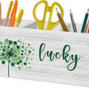 St Patrick's Day Shamrock Pen Pencil Holder Organizer for Desk Accessories, Lucky Four Leaf Clover Dandelion St Patrick's Day Wooden Box Sign Desk Decor for Home Office Decoration