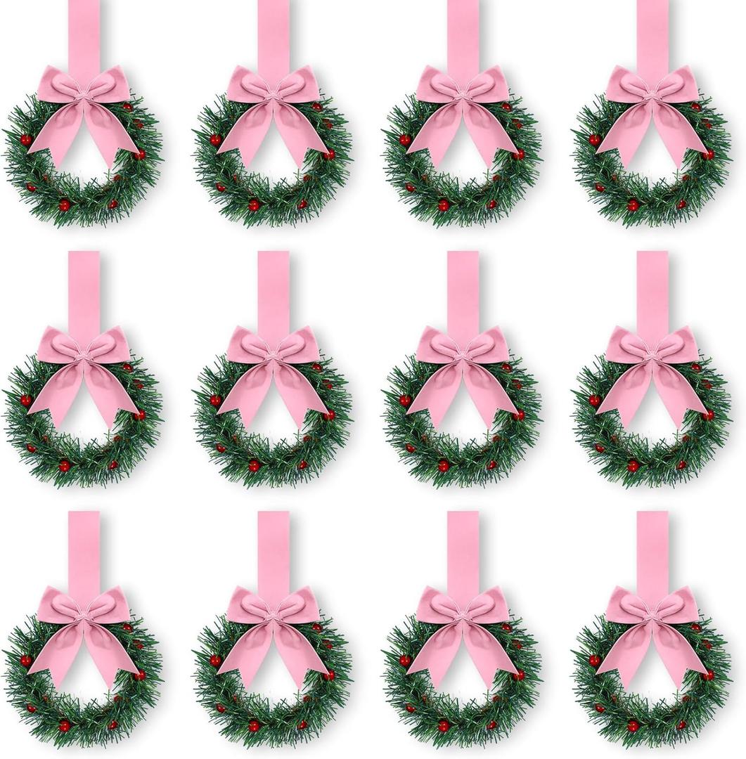 Retrowavy 12 Pcs Christmas Kitchen Cabinet Wreaths with Ribbon 3.94 Inch Mini Christmas Wreath Small Kitchen Xmas Decor for Window Door (Pink, Classic Style)