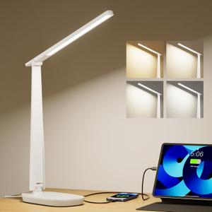 HONEYWELL Desk Lamp for Home Office, Dimmable LED Desk Light with USB A+C Dual Charging, 4 Modes Brightness Touch Lamp with Timer, Eye Caring Foldable Reading Light, Table Lamp for Study Nightstand (White)