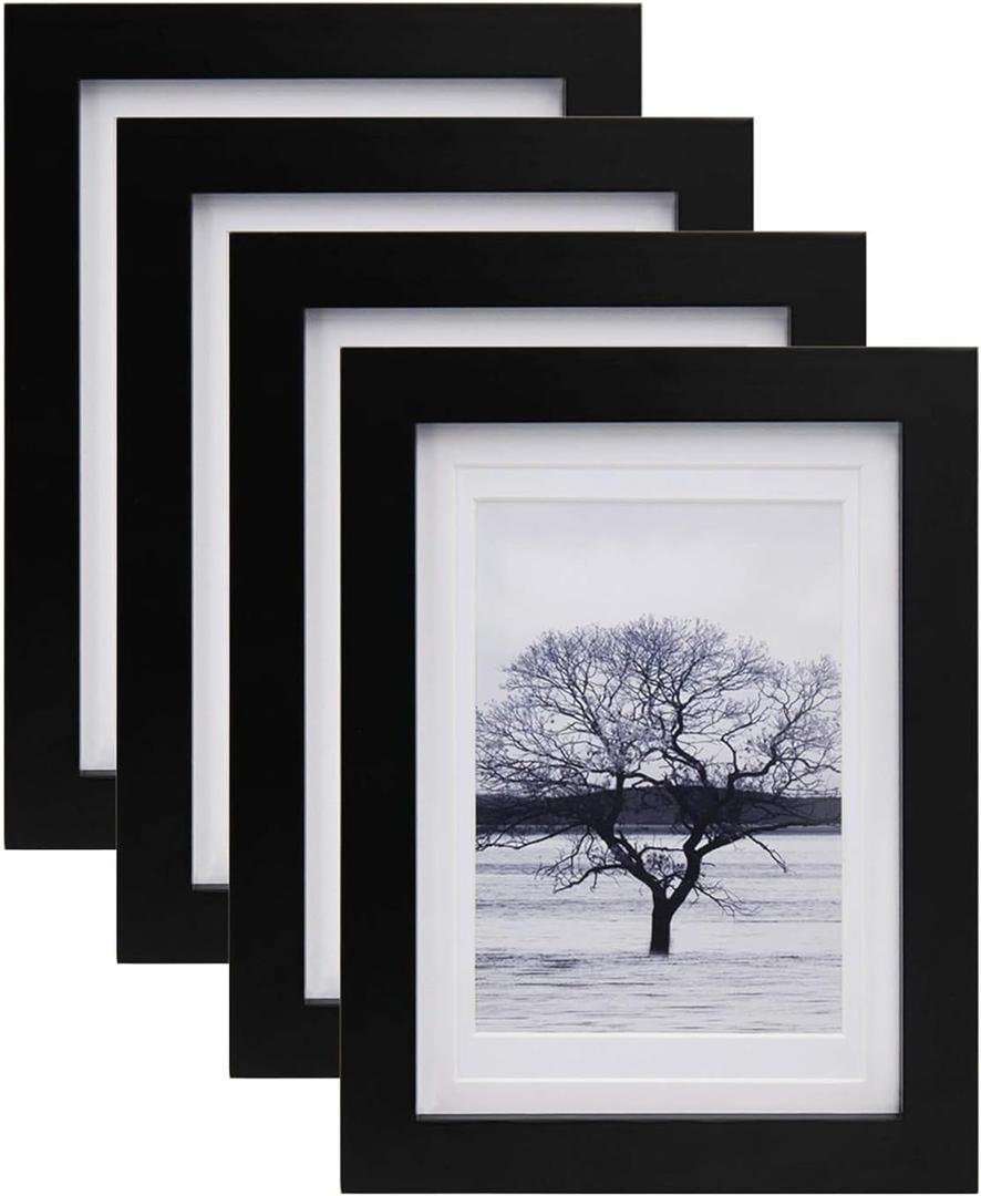 Egofine 5x7 Picture Frames Set of 4, Made of Solid Wood Covered by Plexiglass 3.5x5 and 4x6 with Mat or 5x7 without Mat, for Table Top Display and Wall Mounting Photo Frame White (Black)
