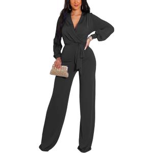 shengfan Formal Jumpsuits for Women Dressy Evening Sexy Deep V Neck Plus Size Long Wide Leg Pants Rompers Clubwear (XX-Large, 049black)
