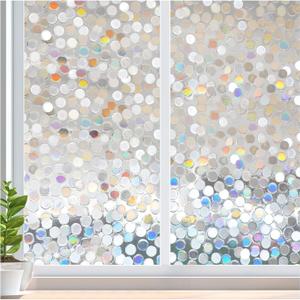 rabbitgoo Window Privacy Film, Rainbow Stained Glass Window Film, 3D Decorative Static Cling Coverings Non-Adhesive, Removable Glass Stickers for Home Door, Circle Design, 23.6" x 78.5"