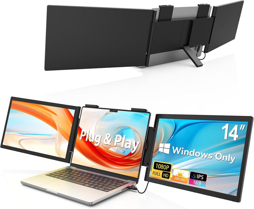 HotYeah Triple Laptop Screen Extender, (Windows Only) 14" 1080P Dual Portable Extended Monitor, USB-C Travel Dsiplay w/Kickstand, Tri Screen Monitor for 14-16" Laptop, One Cable Connection