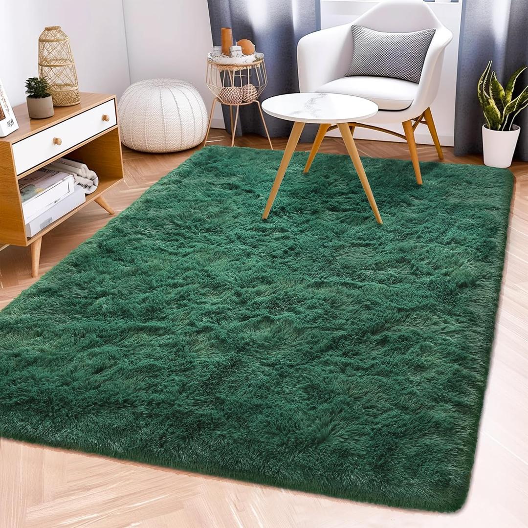 Fluffy Rug Stain Resistant 4x6 Feet, Dark Green Area Rug for Bedroom, Super Soft Shaggy Rugs Room Carpet Floor Rug