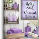 BJYCHG Purple Bathroom Canvas Wall Art Rustic Bathroom Picture Prints Farmhouse Flowers Bottles Painting Purple Wall Decor for Toilet Restroom Framed (Lavender, 24L x 16W)