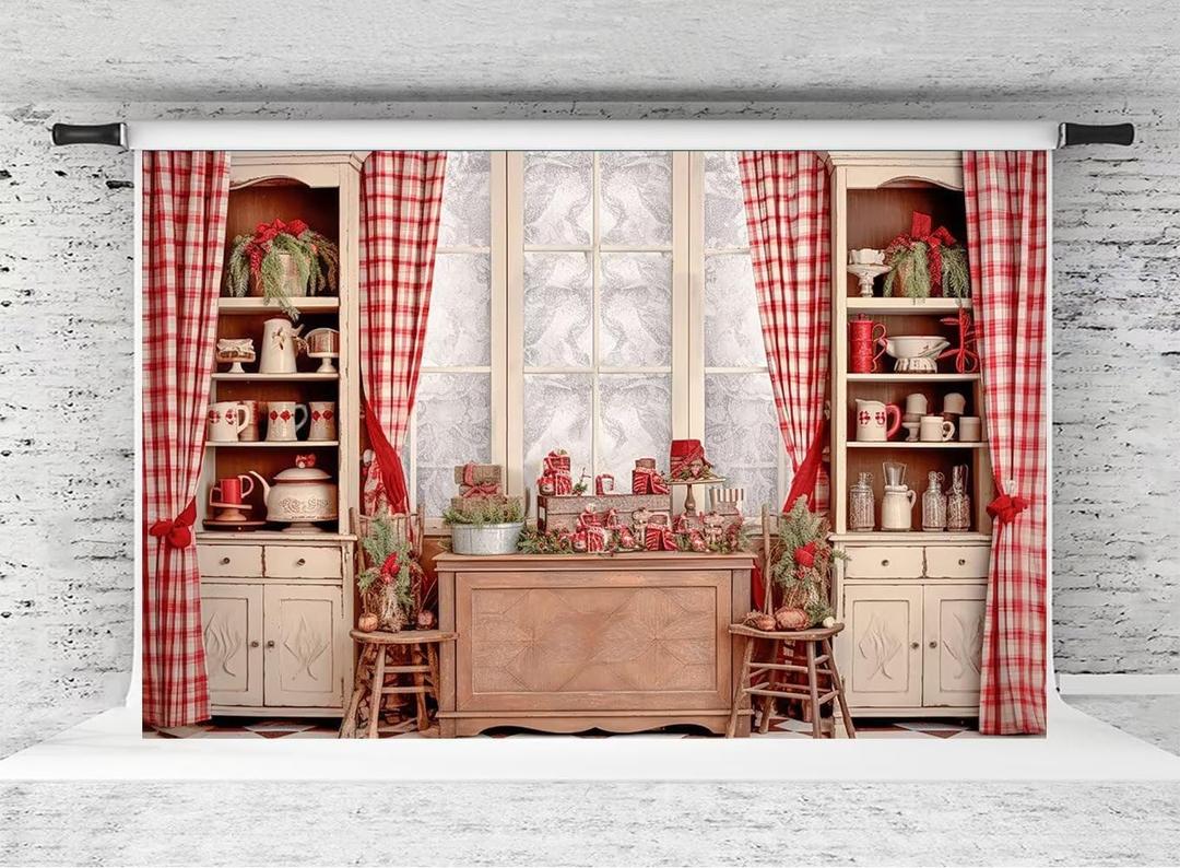 Kate Christmas Photo Backdrop, Xmas Kitchen Background for Photography Christmas Famliy Photo Banner,7x5ft