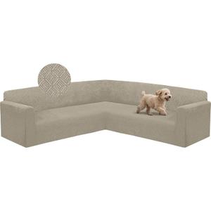 HDCAXKJ Sectional Couch Cover L Shape Stretch Sofa Covers Washable Jacquard Corner Couch Slipcover Non Slip Sectional Slip Cover U Shaped Furniture Protector for Pets Dogs (Light Khaki, Large)