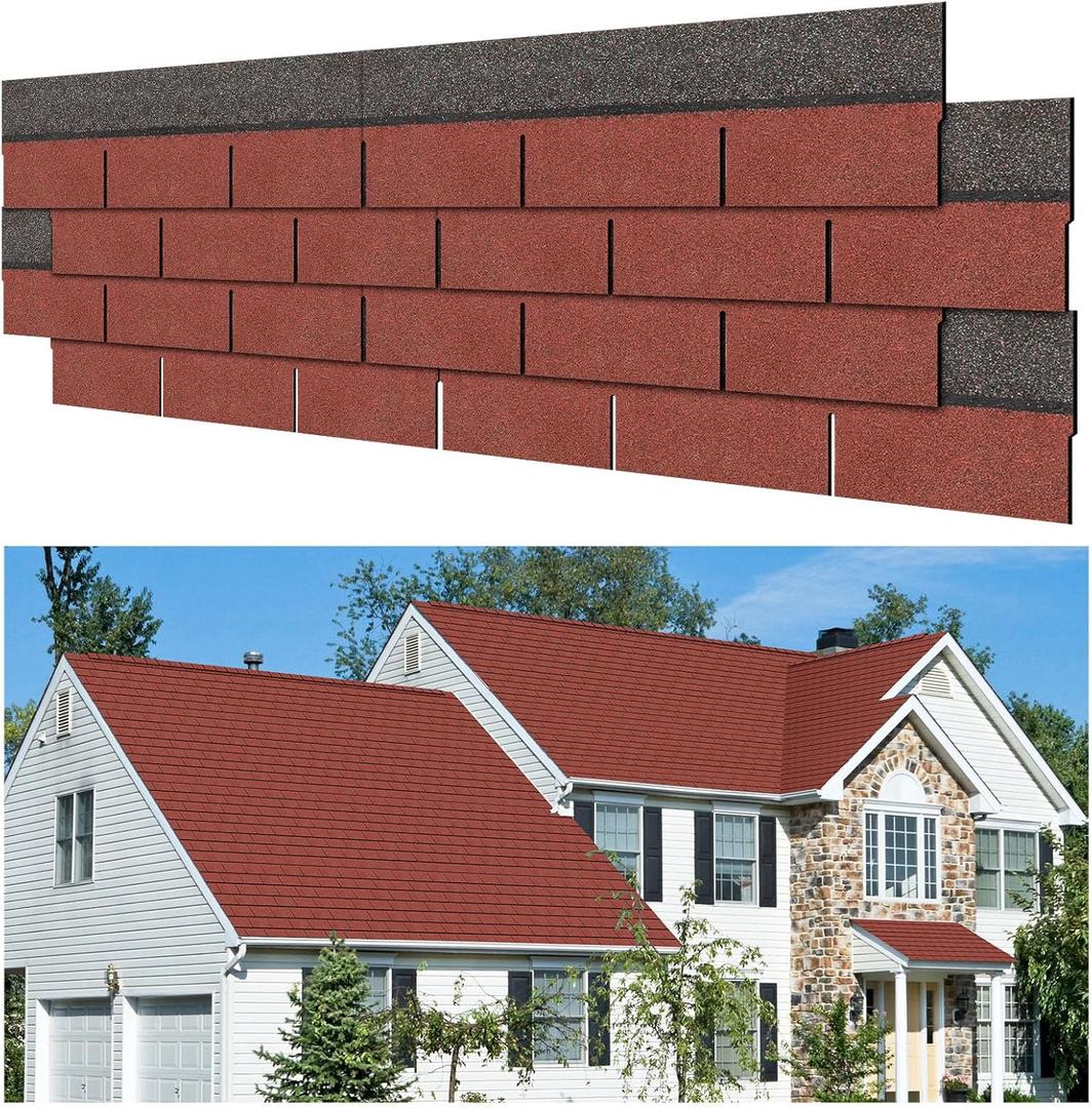 7 Pack 39'' X13'' Double Layer Asphalt Roof Shingles for Home 3-tab Roofing Shingles Tile Repairing Self Adhesive Shed Decor for Outdoor Garage Pet House Cover 10.7 Square Feet(Grey, Red)