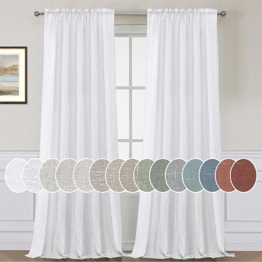 H.VERSAILTEX Curtains 96 Inches Long for Living Room 2 Panels Rod Pocket Semi Sheer Linen Curtains for Bedroom Office Bay Neutral Boho Farmhouse 8 FT, Heathered White