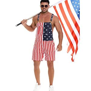 Yuanbang American Flag Overalls Bib Denim Shorts Jean Romper Casual Workout Summer Adjustable Strap Jumpsuit for Men Women(red white blue,M)