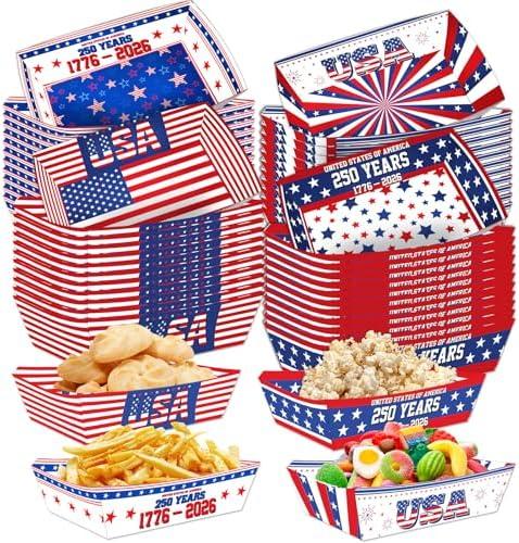 Falueqg Fourth of July Party Decorations - 60 Pcs 4th of July Paper Food Trays Disposable 250th Anniversary America Food Boats Serving Tray for Memorial Day Independence Day Patriotic Party Supplies