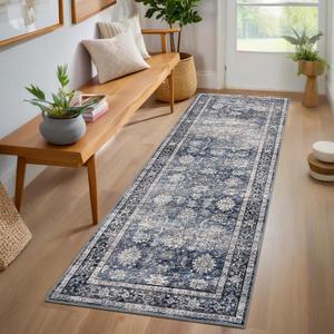 GarveeHome Runner Rugs 2x6 Vintage Printed Hallway Rugs with Non-Slip Backing, Stain-Resistant Oriental Area Rugs, Washable Farmhouse Low Pile Rugs for Kitchen, Laundry, Blue (Denim / Multi)