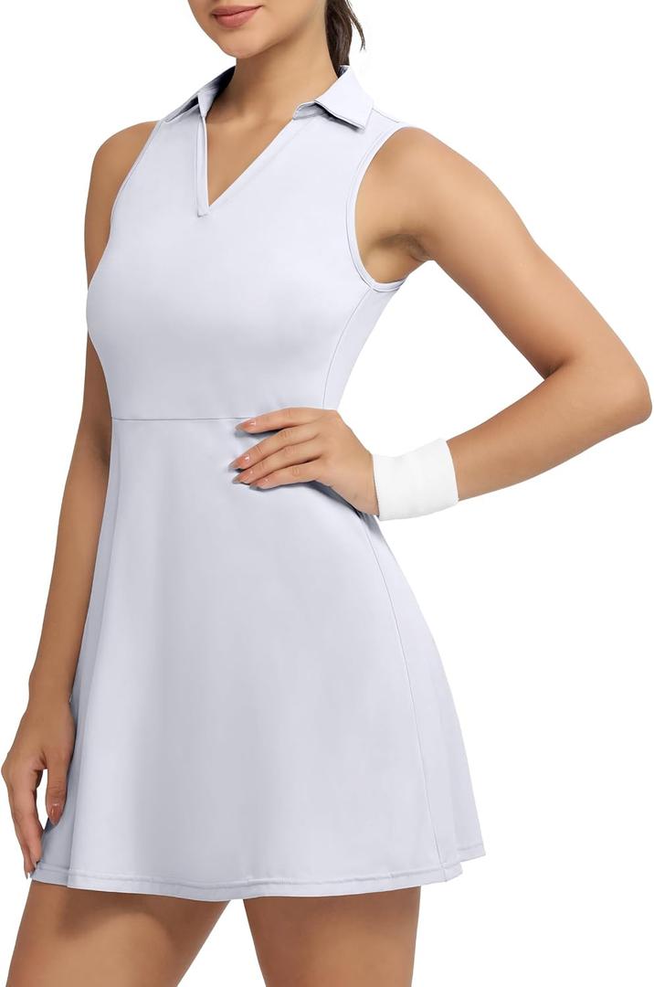 Fengbay Tennis Dress for Women,Golf Dresses with Built in Shorts with 4 Pockets for Sleeveless Athletic Workout Dress (White, M)