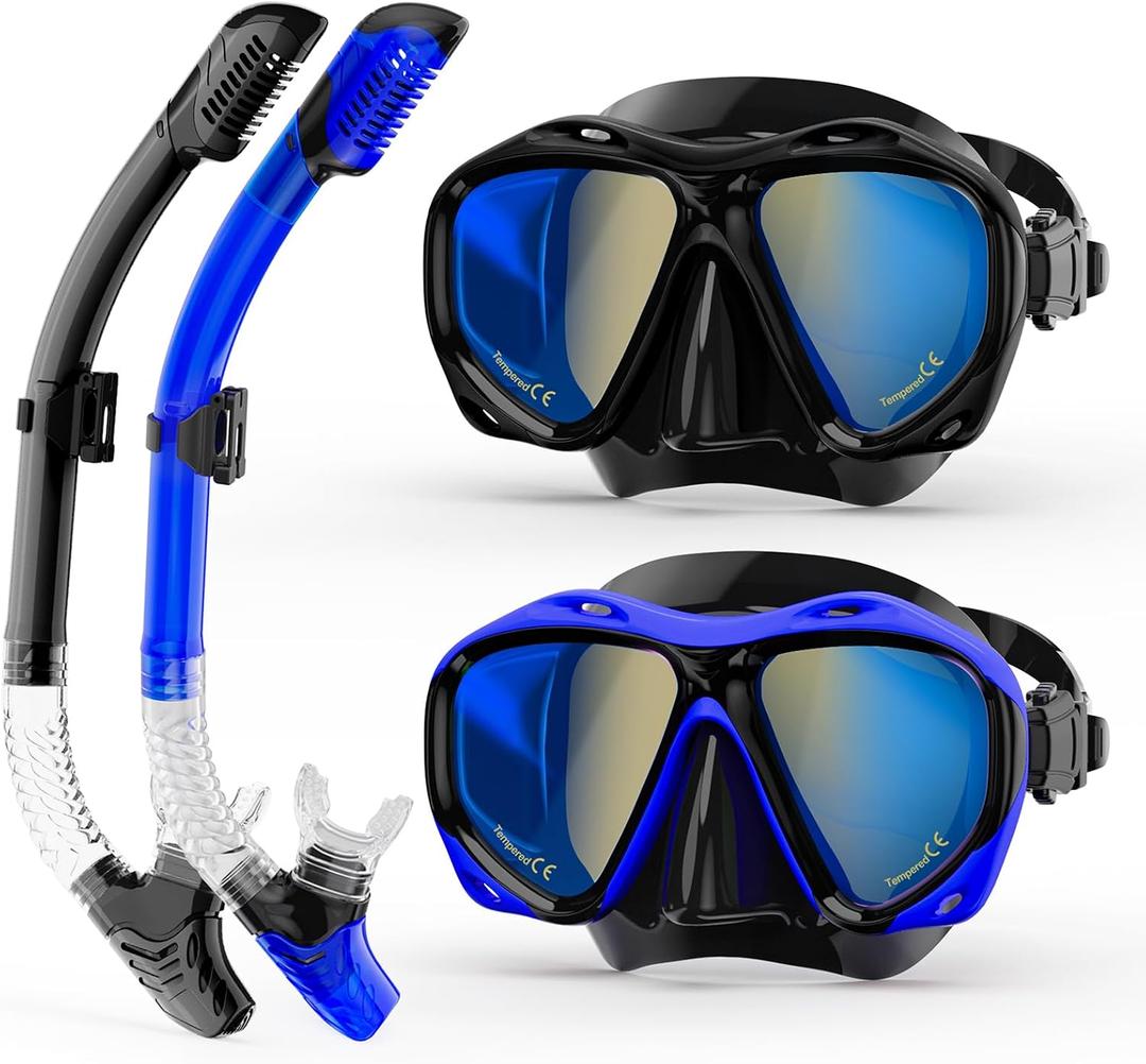 Snorkeling Gear for Adults, Snorkel Mask With Mirrored Tempered Glass Lens 180 Wide View Anti-Fog Scuba Diving Mask, Professional Snorkel Set for Swimming Diving, Gifts for Women Mom Men Dad