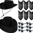 Newcotte 18 Pcs Western Cowboy Hat Set Include 6 Felt Cowgirl Hats 6 Paisley Bandanas 6 Pairs Heart Glasses for Party Costume (Black)
