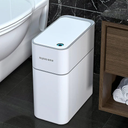 JOYBOS Bathroom Trash Can with Lid, 3.8 Gallon Slim Garbage Can, Small Plastic Trash Bin, Narrow Motion Sensor Trash Can for Bedroom, Rv, Office White