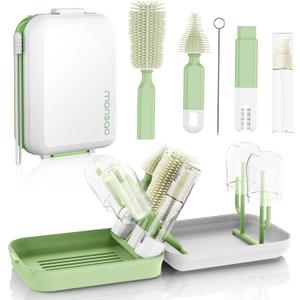 Baby Bottle Brush Set with Drying Rack, Portable Silicone Bottle Cleaner Kit for Bottles, Nipples and Straws, Travel Storage Box for Home and On-The-Go UseGreen