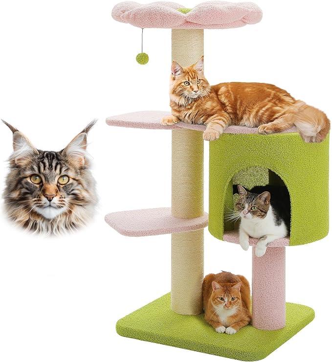 MUTTROS 50" Pink Flower Cat Tree for Large Heavy Cats, Maine Coon Cat Tower with Extra Thick Scratching Posts (φ4.3in), Spacious Cat Condo for Big Cats 20 lbs, Soft Top Bed-Green
