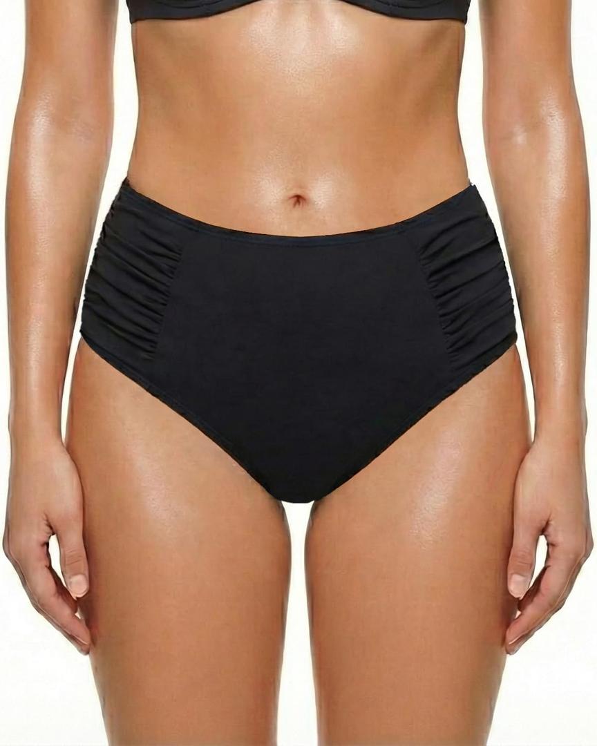 Zmart Women High Waist Bikini Bottoms - Full Coverage Ruched Bathing Suit Swim Bottom Swimsuits Swimwear (Medium, Black)