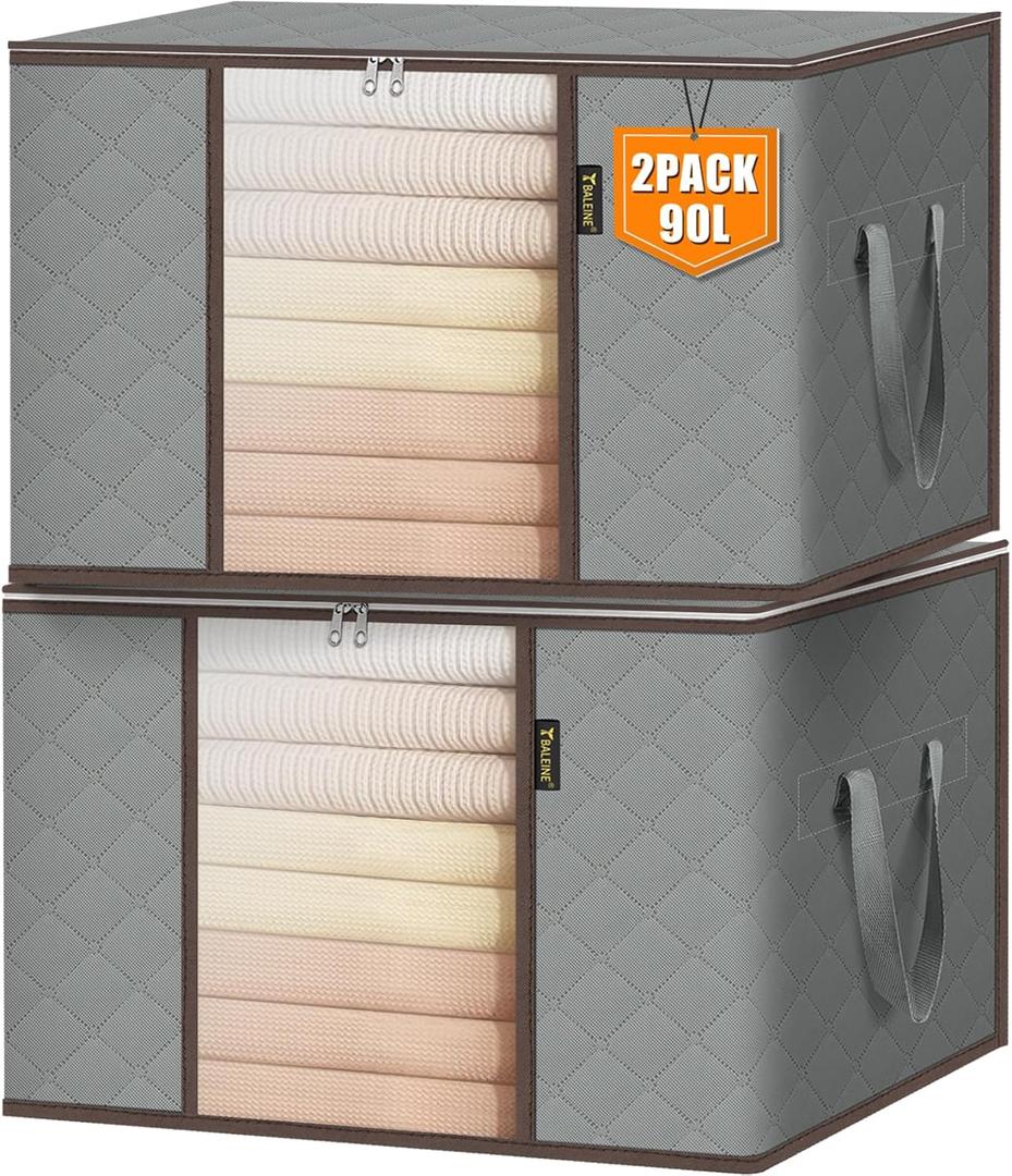 BALEINE 2 Pack Clothes Storage Bags, 24 Gallon Storage Containers with Reinforced Handle, Sturdy Zipper, Closet Organizer for Blanket, Comforter, Pillow, Bedding (Grey, 2 Pack)