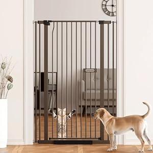 LuxTrsde 55.1" Extra Tall Dog Gate for StairsDoorways, Cat Gate Indoor for Doorways/Hallways/Kitchen, 30.1-33.8"" Wide Include 4.13" Extension Kits, No Drilling Auto Close High Pressure Mounted, Brown