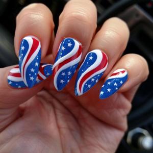 4th of July Press on Nails Medium Almond Patriotic American Flag Fake Nails with Star Design, Independence Day Glue on Nails for Women 24 Pcs
