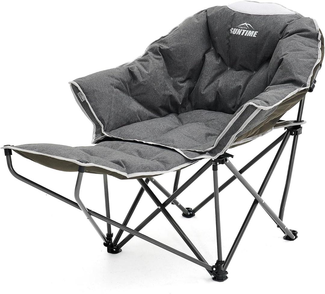 Upgrade Oversized Padded Comfy Camping Chair with Removable Leg Rest, Gray | Adjustable Cup Holder,Built-in Comfy Foam Armrest Supports,Heavy Duty Outdoor Round Folding Chair for Camping, Carry Bag