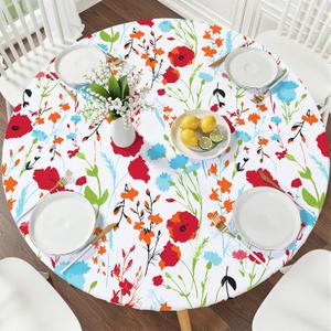 Smiry Round Picnic Tablecloth, Waterproof Elastic Fitted Table Covers for 36" - 44" Tables, Wipeable Flannel Backed Vinyl Tablecloths for Camping, Indoor, Outdoor, White & Red