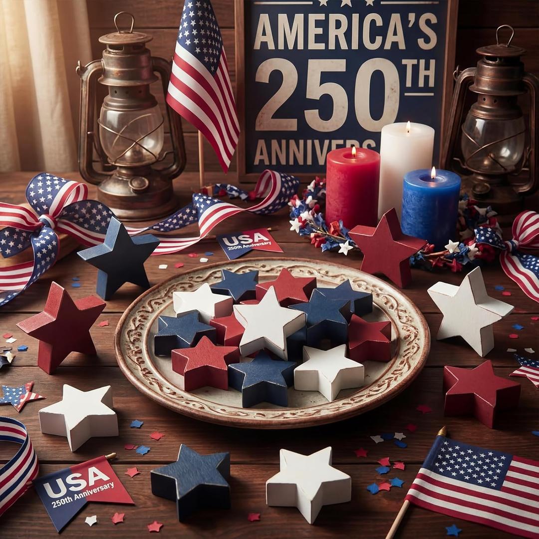 Amyhill 18 Pcs 4th of July Decorations Wooden Star, Americana Memorial Day Table Centerpiece Red White Blue Independence Patriotic Bowl Fillers Labor Day Decor for Home Tiered Tray Rustic Farmhouse