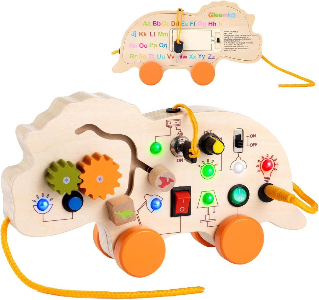 Gleamkid 2in1 Busy Board & Pull Toy for Toddlers 13: Dinosaur Light Up Busy Board, Educational Learning Toys Wooden MultiSensory Boards with 4 Movable Wheels, Montessori Toys for 1 2 3 Year Old