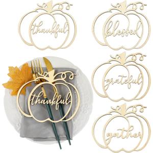Chengu 12 Pieces Thanksgiving Pumpkin Wooden Plate Decor Grateful Pumpkin Wood Cutouts Thankful Grateful Blessed Gather Place Card Thanksgiving Place Settings Signs Table Decor for Farmhouse