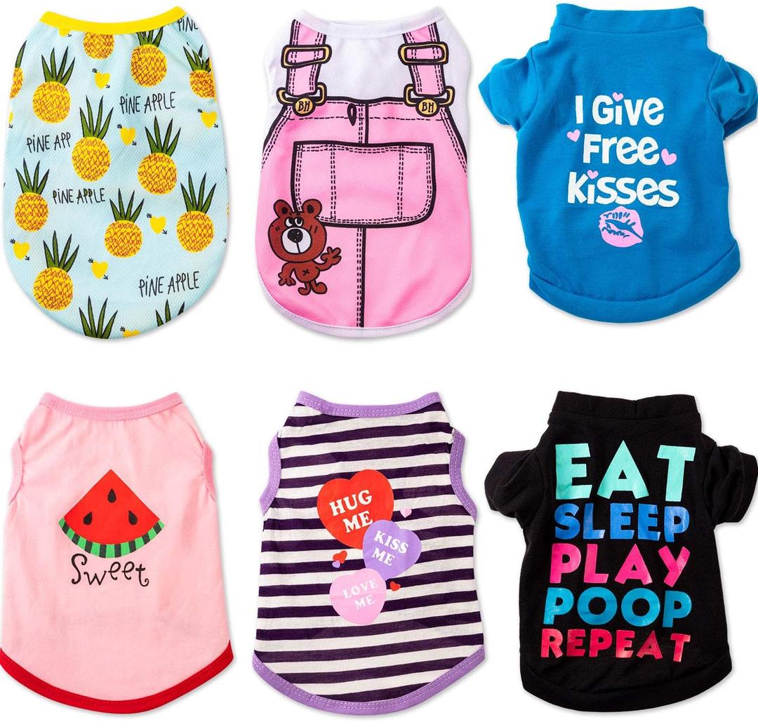 SATINIOR 6 Pcs Dog Clothes Printed Doggie Shirts Puppy T-Shirts Cute Pet Cotton Clothes Doggie Shirt for Small Medium Dog Apparel Summer Christmas(M)