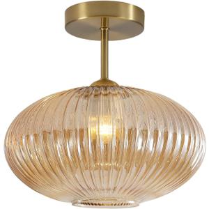 BOKT Vintage Brushed Brass Semi Flush Mount Ceiling Light Amber Ribbed Glass Pendant Light Mid Century Modern Gold Close to Ceiling Light Fixture for Indoor Use 9.8"